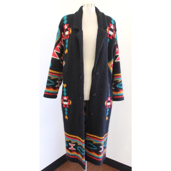 Vtg 90s Black Colorful Southwestern Knit Coatigan Sweater Coat Duster S Mohair - Picture 4 of 8